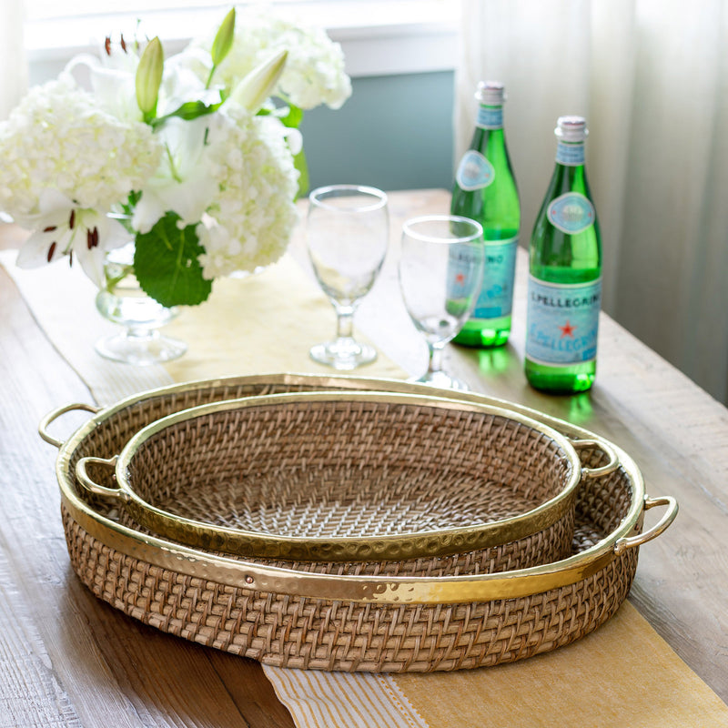 Amelia Woven Bamboo and Brass Oval Trays, SET of 2